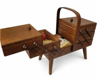 Vintage Wooden Accordion Sewing Box W Vintage Vogue Pattern, Disney Patches, More