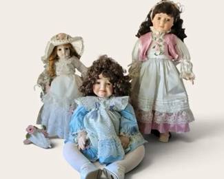 Flowers and Lace Doll Lot  Three Porcelain Dolls