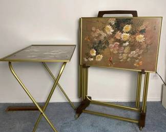 Vintage Asian Inspired MCM TV Tray Set with Stand on Wheels