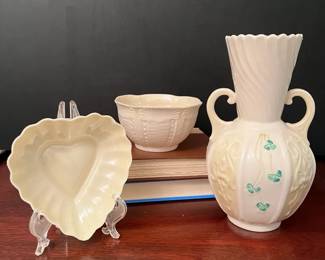 Belleek Ireland Parian China Lot  Shamrock Vase, Basketweave Bowl, Heart Dish