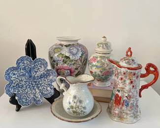 Asian Ceramics Decor Lot  Chocolate Pot, Vases, Ginger Jar More