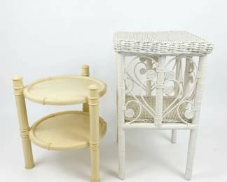 2 Vintage Side Tables, 70s Syroco FauxBamboo 2Tier  White Wicker