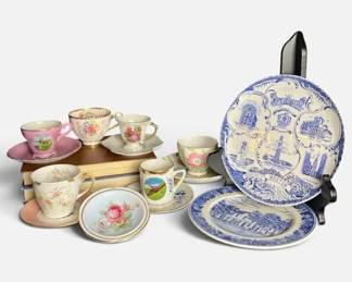 Vintage Souvenir Teacups, Saucers, Plates, Transferware