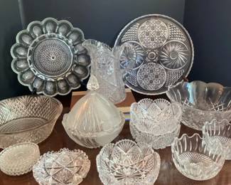 Crystal and Cut Glassware Lot Egg Tray Coasters Bowls Platter