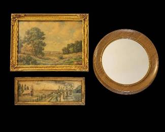 Rustic Wall Decor  Landscape Paintings, Round Mirror