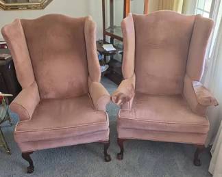 Pair Thomasville Queen AnneStyle Wingback Armchairs, Pink