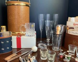 Vintage Barware Lot Ice Bucket Flask Set Crystal and More
