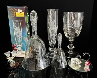 Floral Etched Glass Lot Vases, Bells  More