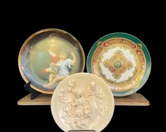 Vintage Religious Collector Plates, Italian Alabaster Nativity, Green Gilded, Mother  Child