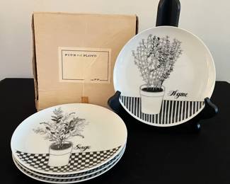 Fitz and Floyd Herb Black Ceramic Plates 4 W Box, Japan