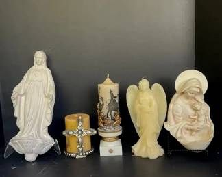 Vintage Religious Lot  Madonna  Child Wall Font Italy, Relief Sculpture, Nativity Candles