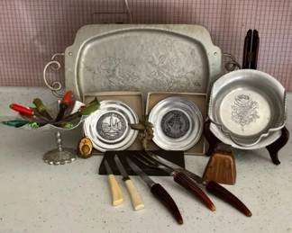 Dinner Is Served Silver Tone Serveware, Knives, Copper Bell More