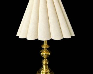 Vintage Brass Toned Turned Stiffel Style Table Lamp with Fluted Linen Shade
