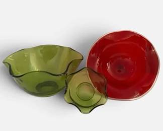 MCM Glassware  Green Chip Dip  Ruby Red Ruffled Footed Bowl