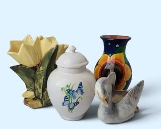 Springtime Decor Lot  Flower Vases, 22K Gold Swan, Butterfly Jar