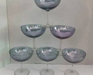 Iridescent Blue Champagne Coupe Glasses, 6 Pcs Mid Century Stemware