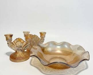 Marigold Carnival Glass Taper Candle Holders  Ruffled Bowl  Jeannette Glass Co