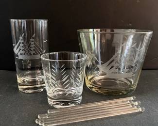 Etched Glass Barware Clipper Ship Glasses, Ice Bucket, More
