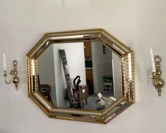 Vintage Ethan Allen Gilded Wall Mirror Italy  2 Brass Sconces