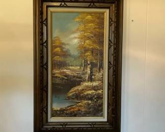 Framed Oil on Canvas Fall Autumn Landscape Scene 20 x 32, Signed