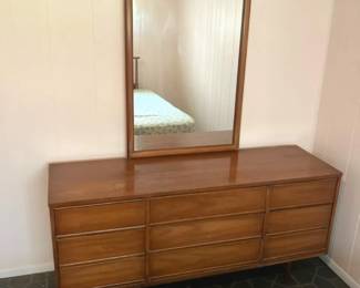 MCM 9 Drawer Wooden Low Boy Dresser WMirror