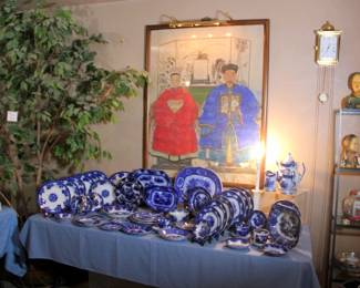 Large Chinese Ancestral Painting, Large Selection of Flow Blue China