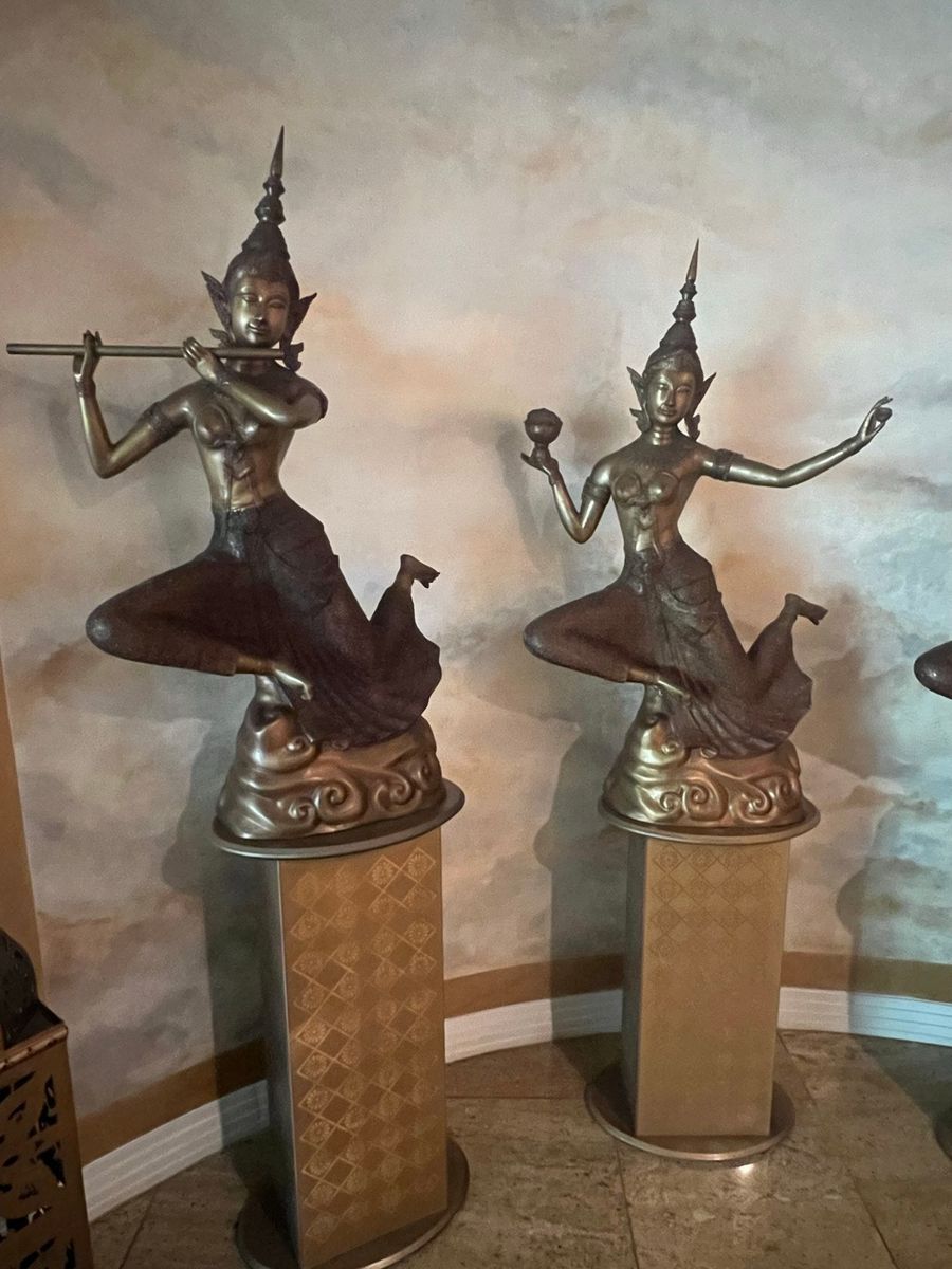 Thai Bronze Apsara Musician Statues on Pedestals