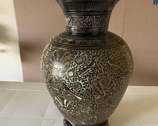 Indian Etched Brass Vase with Black Enamel