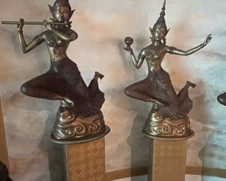 Thai Bronze Apsara Musician Statues on Pedestals