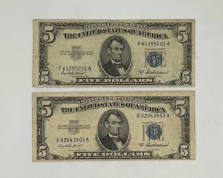 Two 1953 A $5 Silver Certificates