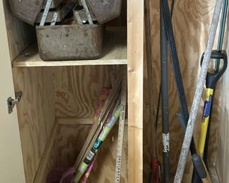 Lot 4: Metal Tackle Boxes, Fishing Lures, Yard Tools, and Cleaning Supplies