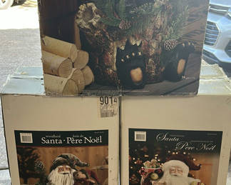 Lot 5: Bear Tree Trunk Decor and Two Santa Claus Figures