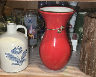 Lot 81: Decorative Vases, Ceramic Jug, Wooden Vase, and Glassware