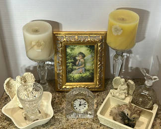 Lot 208: Decorative Candles, Angel Figurines, Framed Fairy Art, and Crystal Clock Set