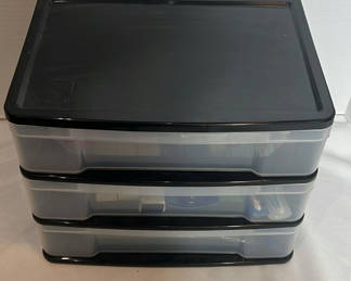 Lot 221: Three-Drawer Plastic Storage Organizer with Toiletry and Travel Items
