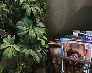 Lot 93: Artificial Plant in Metal Planter and Wooden Magazine Rack with Magazines