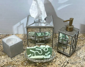 Lot 202: Bathroom Accessory Set with Tissue Box Cover, Soap Dispenser, Soap Dish, Candle, and Soap Bar