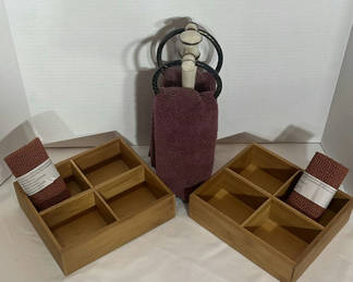 Lot 216: Two Bamboo Drawer Organizers with Shelf Liner and Towel Holder