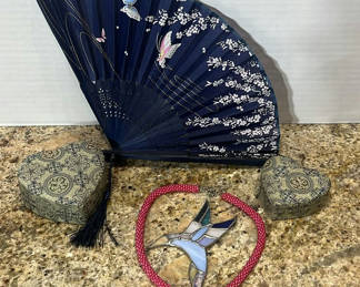Lot 206: Decorative Hand Fan, Heart-Shaped Boxes, and Hummingbird Necklace