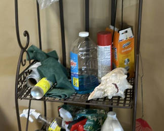 Lot 21: Metal Storage Shelf with Cleaning Supplies and Household Items