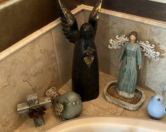 Lot 250: Decorative Angel Figurines, Bird Statues, and Wooden Cross