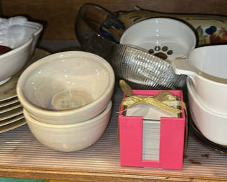Lot 58: CorningWare and Assorted Stoneware Baking Dishes, Plates, and Bowls
