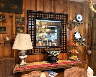 ORIENTAL BOWL AND LARGE RATTAN MIRROR