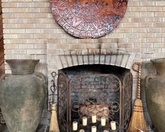 IRON FIREPLACE SCREEN BRASS POT AND LARGE FLOWER POTS