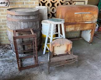 ANTIQUE KENMORE ROTARY IRONER, WHISKEY BARREL CLAY BACK HEATER