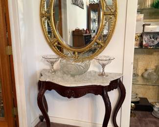 MARBLE TOP HALF TABLE AND OVAL BEVELED MIRROR