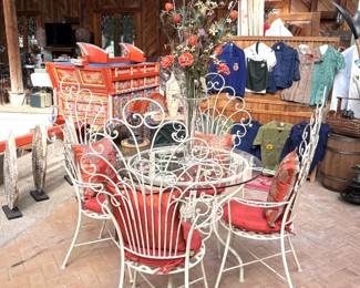 IRON GLASS TOP TABLE WITH 4 PEACOCK CHAIRS