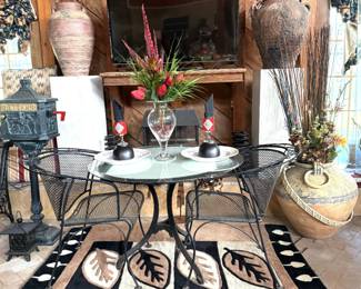GLASS TOP IRON TABLE AND 2 IRON CHAIRS