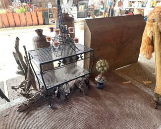 2 TIER IRON TABLE AND WOOD FIREPLACE SCREEN BY COUNTRY PRIMITIVES
