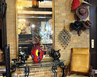IRON AND BEVELED GLASS TOP HALF TABLE MIRROR 82" X37"